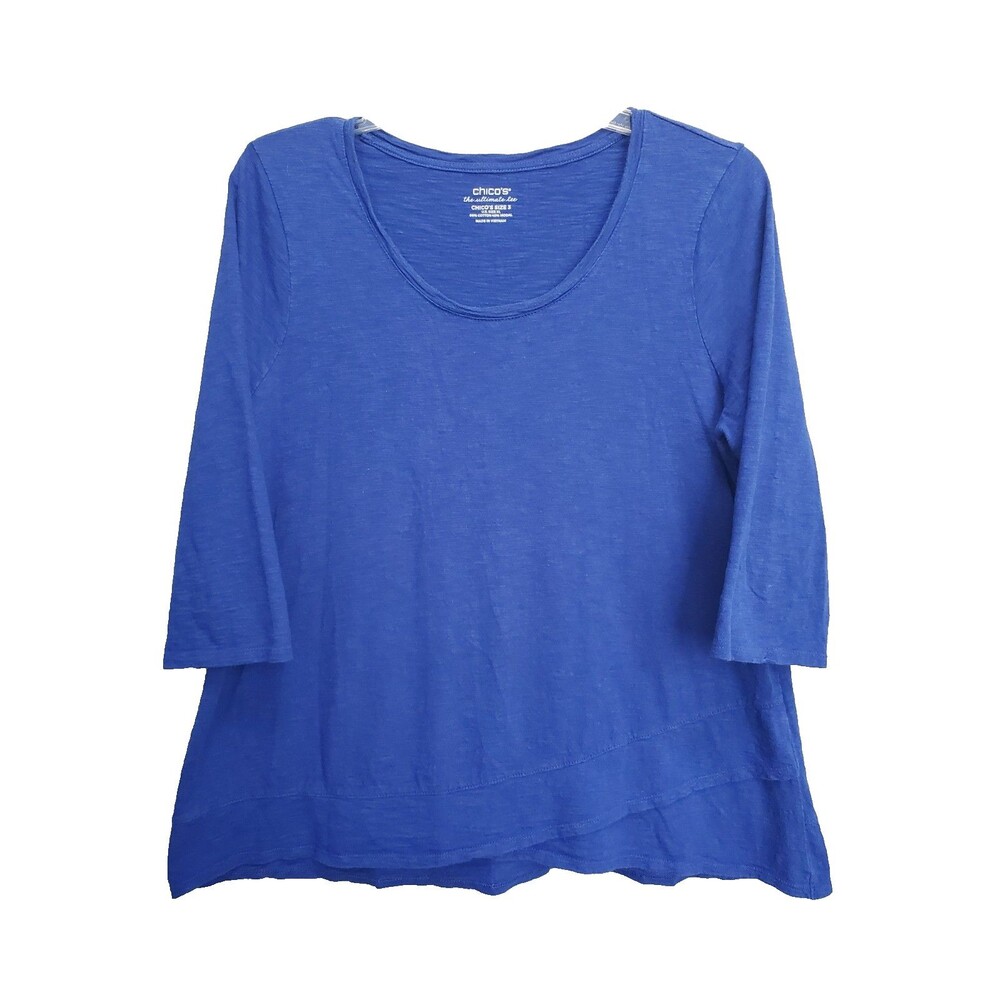 Chico's Blue Slub Knit Crossover Hem Scoop Neck T-Shirt Tunic Size 3 (XL)